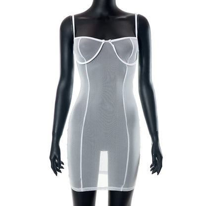 Sheer mesh see through solid low cut cami mini dress