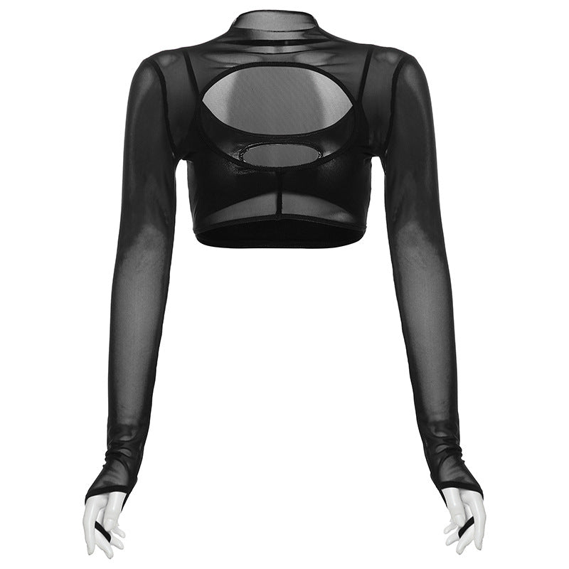 Long sleeve high neck hollow out gloves crop cut out top