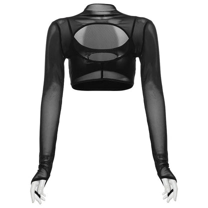 Long sleeve high neck hollow out gloves crop cut out top