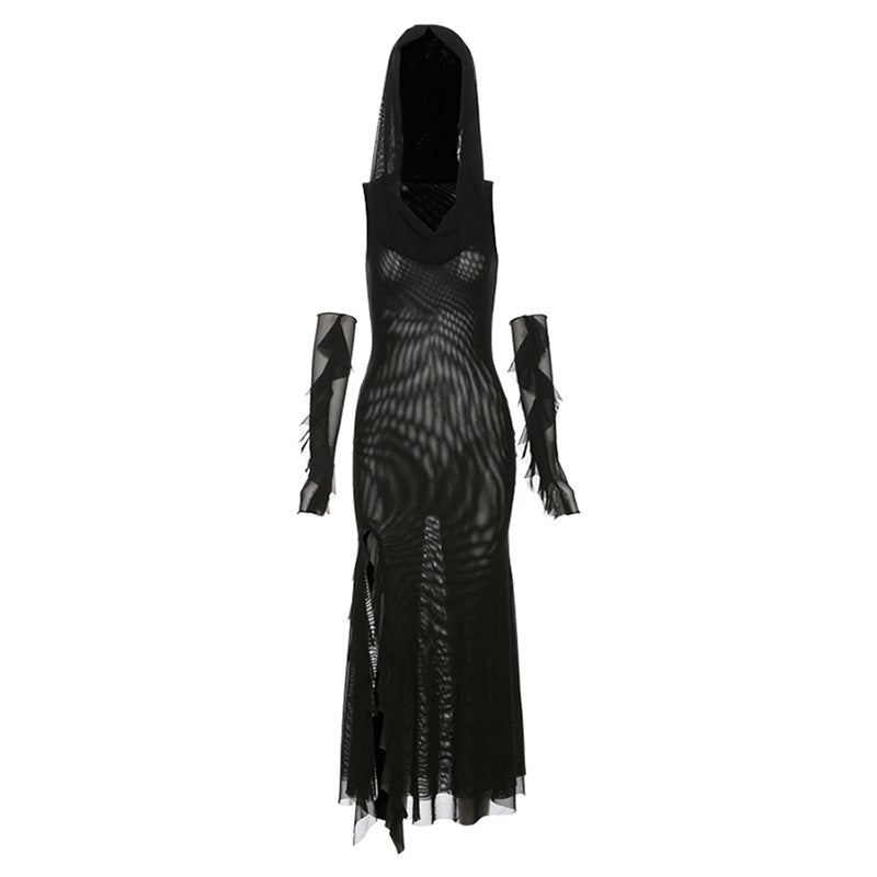 Sleeveless solid mesh slit gloves hoodie midi dress