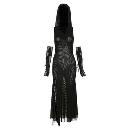 Sleeveless solid mesh slit gloves hoodie midi dress