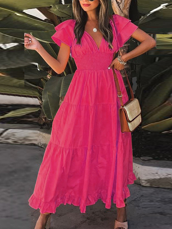 Smocked Waist Flutter Sleeve Tiered Ruffle Maxi Dress