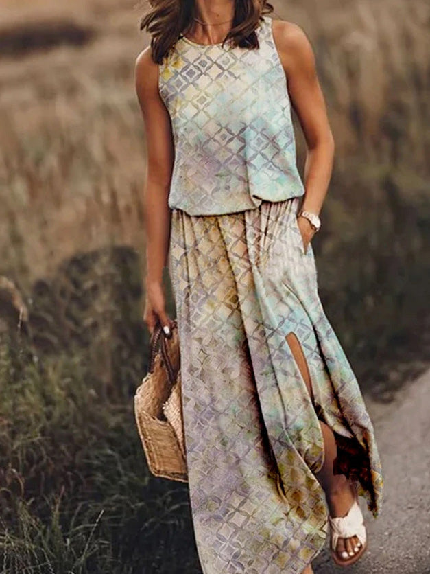 Geometric Tribal Print Crew Neck Sleeveless Pocket Side Slit Maxi Dress