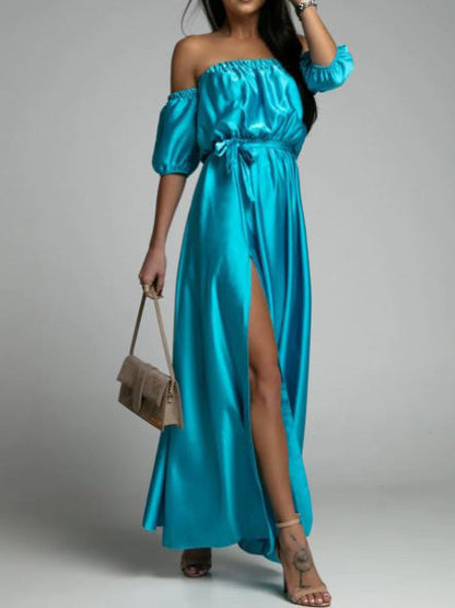 Off Shoulder Puff Sleeve Self Tie Waist Thigh Slit Satin Maxi Dress