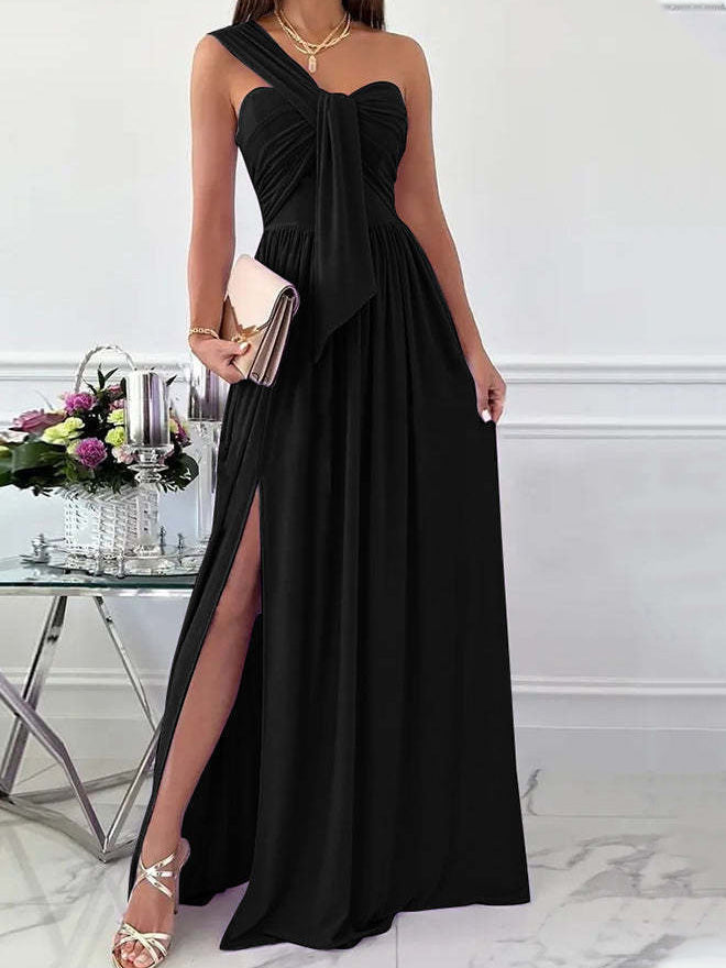 One-Shoulder Ruched Front Tie High Slit Flowy Maxi Dress