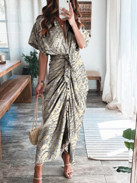 Abstract Print Button Front Tie Waist Kimono Sleeve Maxi Dress