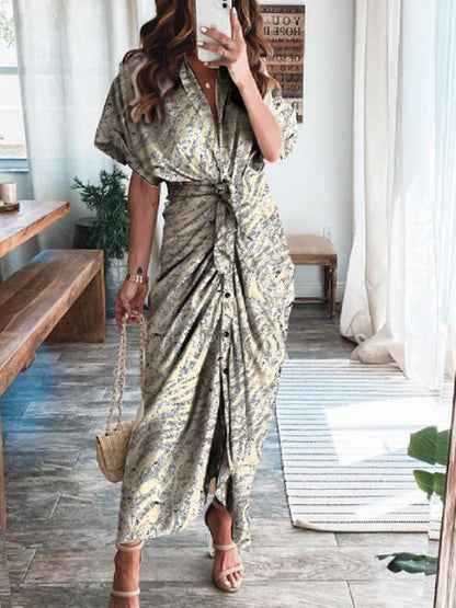 Abstract Print Button Front Tie Waist Kimono Sleeve Maxi Dress