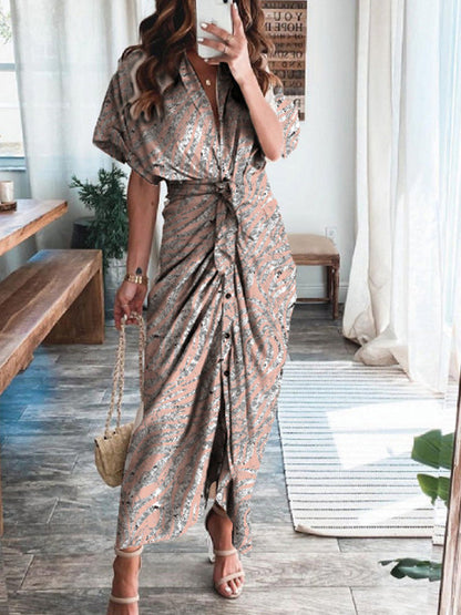 Abstract Print Button Front Tie Waist Kimono Sleeve Maxi Dress