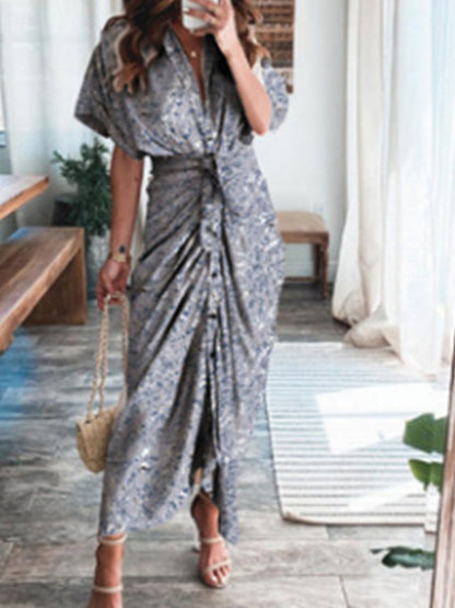 Abstract Print Button Front Tie Waist Kimono Sleeve Maxi Dress