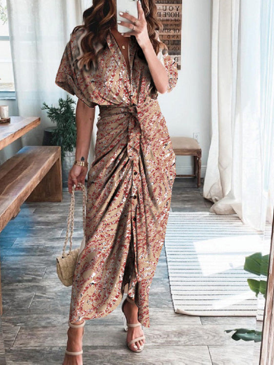 Abstract Print Button Front Tie Waist Kimono Sleeve Maxi Dress