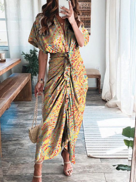 Abstract Print Button Front Tie Waist Kimono Sleeve Maxi Dress