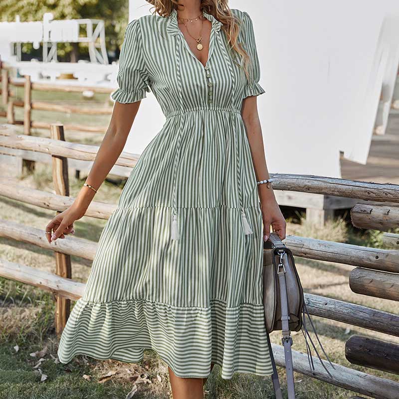 Striped Ruffle Collar Puff Sleeve Tie Waist Tiered Midi Dress