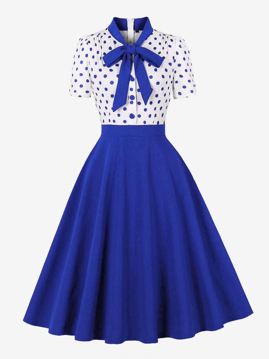 Polka Dot Patchwork Bow Tie Neck Short Sleeve Retro Swing Dress For Women 2026