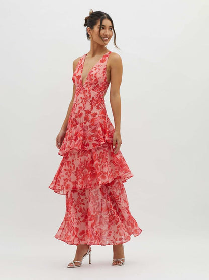 V-Neck Ruffle Tier Floral Print Maxi Dress