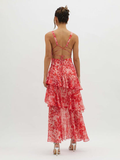 V-Neck Ruffle Tier Floral Print Maxi Dress
