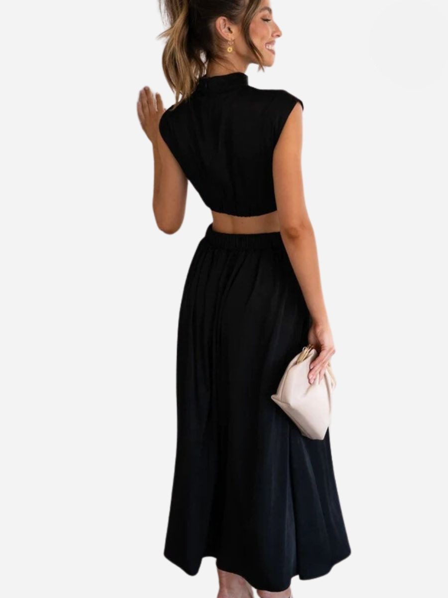 Mock Neck Cap Sleeve Cut Out Waist Pleated Maxi Dress