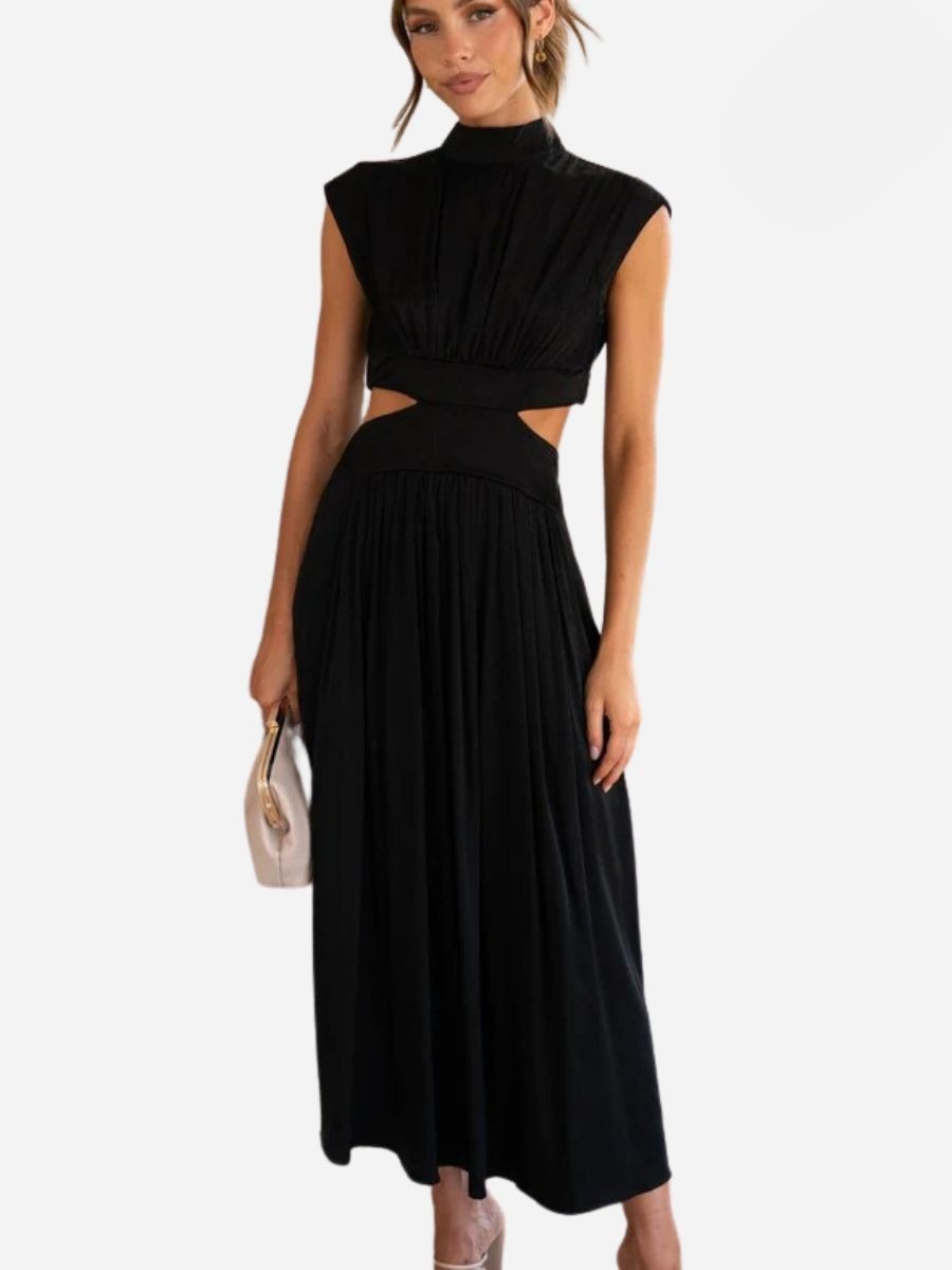 Mock Neck Cap Sleeve Cut Out Waist Pleated Maxi Dress