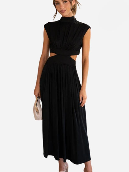 Mock Neck Cap Sleeve Cut Out Waist Pleated Maxi Dress