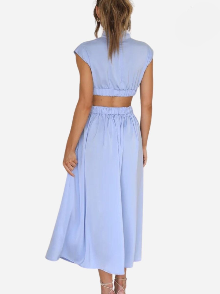 Mock Neck Cap Sleeve Cut Out Waist Pleated Maxi Dress