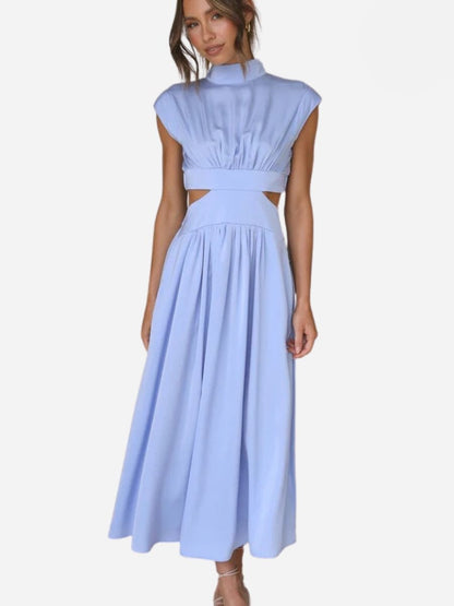 Mock Neck Cap Sleeve Cut Out Waist Pleated Maxi Dress