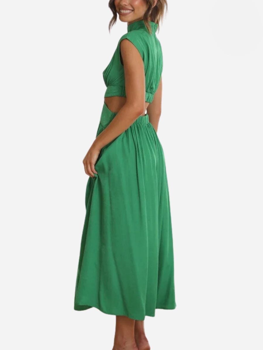 Mock Neck Cap Sleeve Cut Out Waist Pleated Maxi Dress