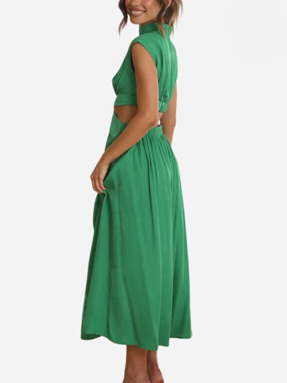 Mock Neck Cap Sleeve Cut Out Waist Pleated Maxi Dress