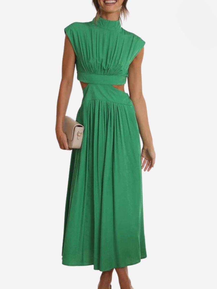 Mock Neck Cap Sleeve Cut Out Waist Pleated Maxi Dress