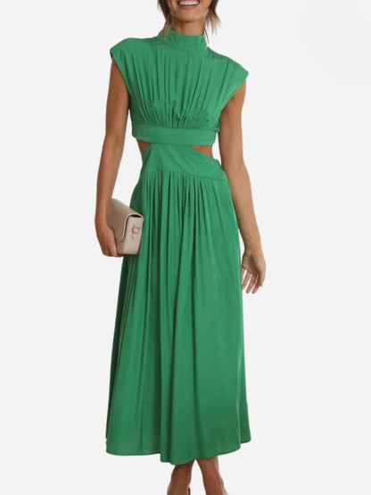 Mock Neck Cap Sleeve Cut Out Waist Pleated Maxi Dress