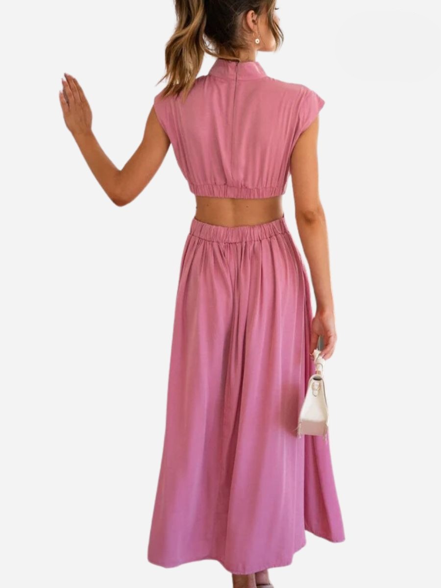 Mock Neck Cap Sleeve Cut Out Waist Pleated Maxi Dress