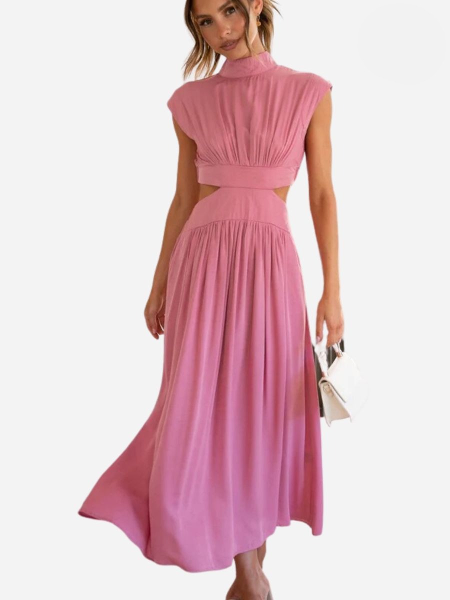 Mock Neck Cap Sleeve Cut Out Waist Pleated Maxi Dress