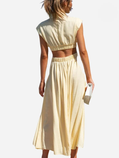 Mock Neck Cap Sleeve Cut Out Waist Pleated Maxi Dress