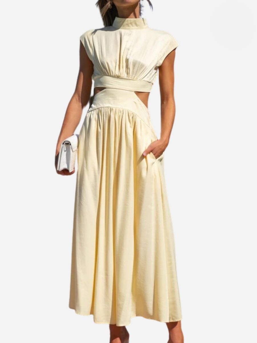 Mock Neck Cap Sleeve Cut Out Waist Pleated Maxi Dress