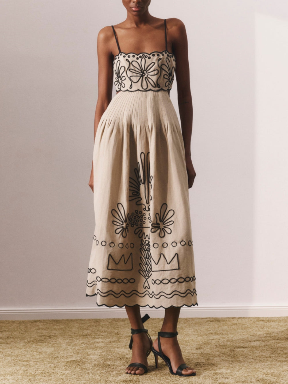 Spaghetti Strap Square Neck Embroidered Floral Contrast Midi Dress