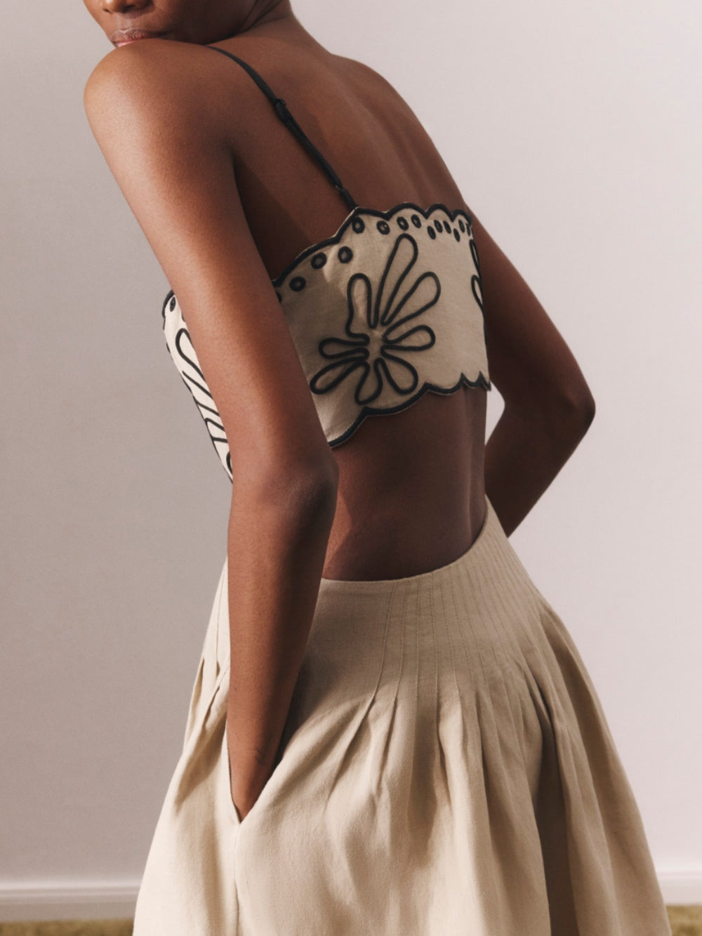 Spaghetti Strap Square Neck Embroidered Floral Contrast Midi Dress