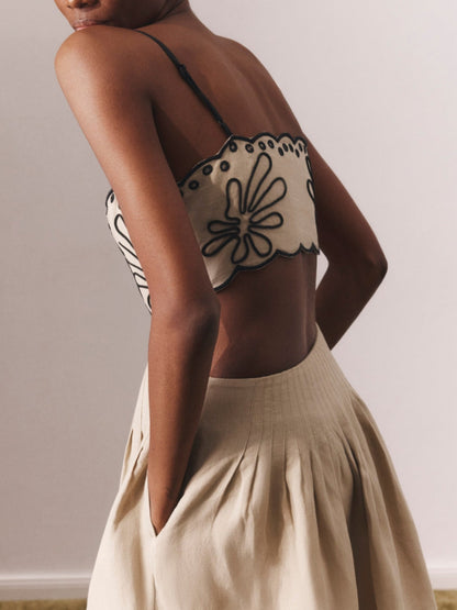 Spaghetti Strap Square Neck Embroidered Floral Contrast Midi Dress