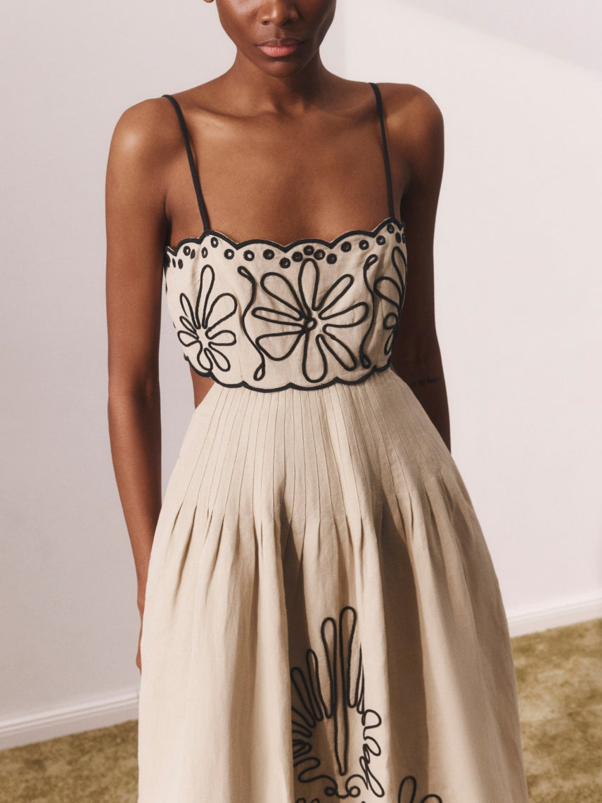 Spaghetti Strap Square Neck Embroidered Floral Contrast Midi Dress