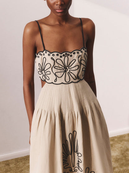 Spaghetti Strap Square Neck Embroidered Floral Contrast Midi Dress