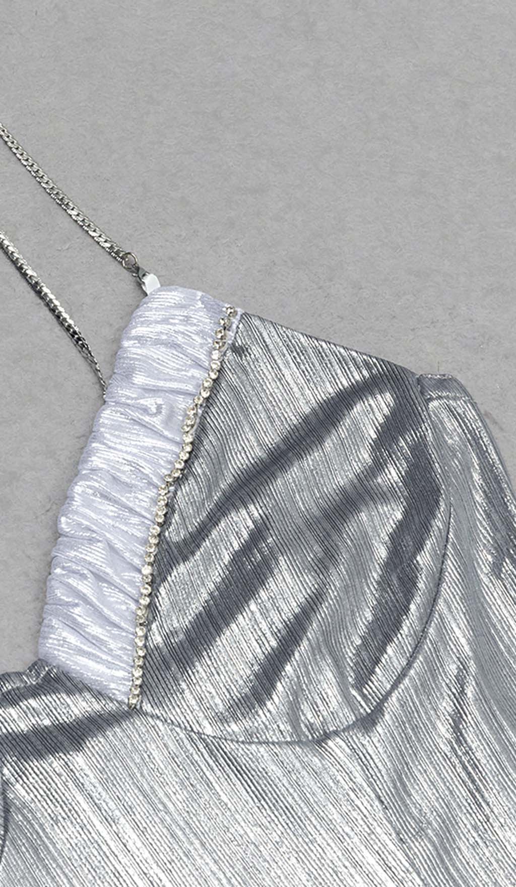 Strappy Spilt Midi Dress in Metallic Silver