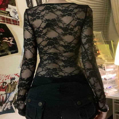 Black Gothic Lace Semi-see-through Long Sleeve Crop Knit Top