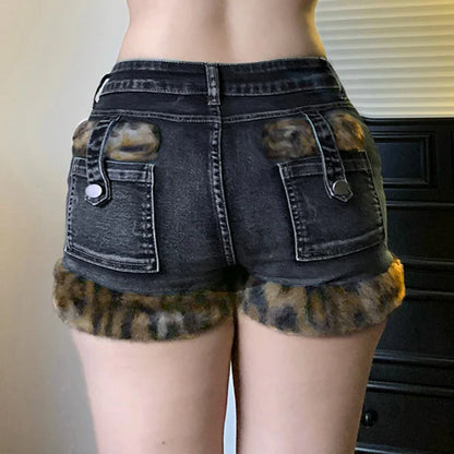 Fur Patchwork Low-Waist Denim Short