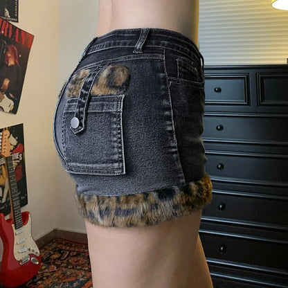Fur Patchwork Low-Waist Denim Short
