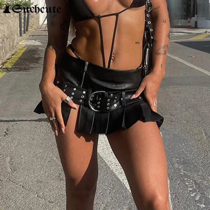 Gothic Rivet Pleated Leather Skirt