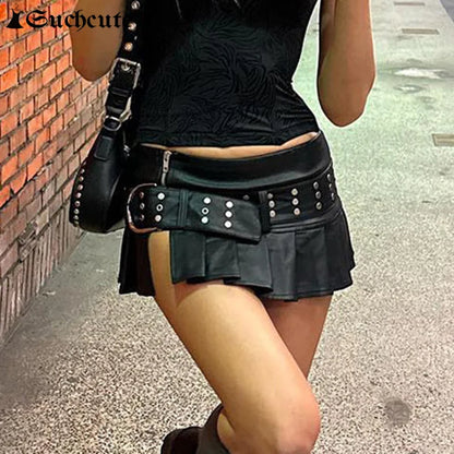Gothic Rivet Pleated Leather Skirt