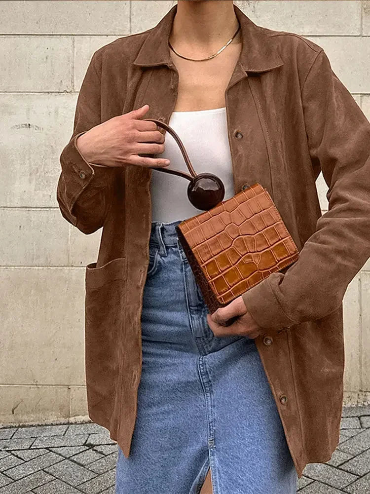 Vintage Suede Women's Jackets Casual Turn-down Collar Female Coat 2024 Autumn Fashion Single Breasted Lady Jacket Outwear