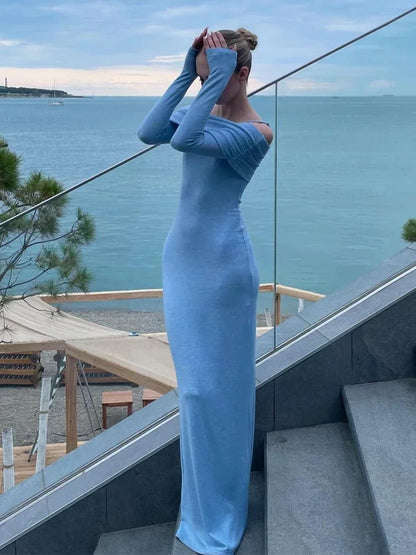 Elegant Solid Off Shoulder Long Dress Women Sexy Bodycon Full Sleeves Party Dresses 2024 Summer Autumn Slim Lady Casual Robes