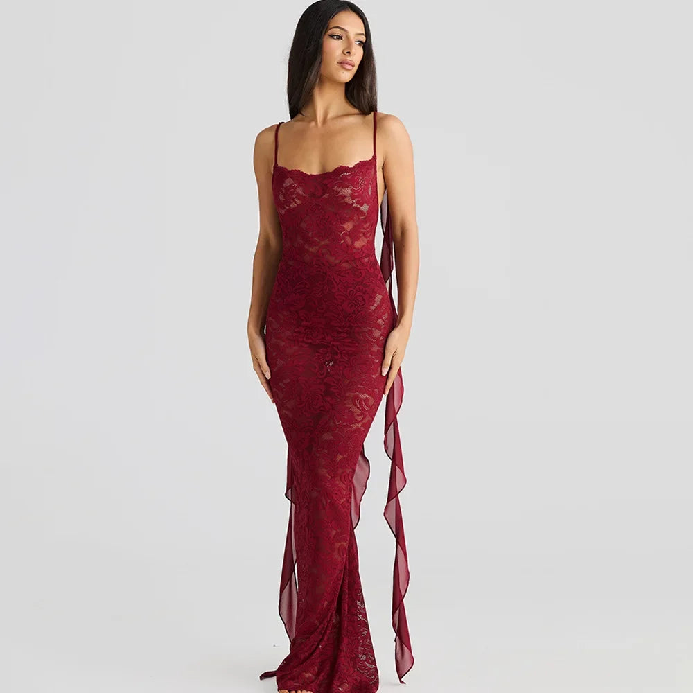 Lace Backless Spaghetti Strap Trailing Ribbon Ruffle Maxi Dress
