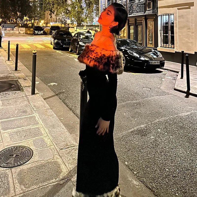 Off Shoulder Long Sleeve Faux Fur Trim Maxi Dress