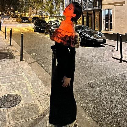 Off Shoulder Long Sleeve Faux Fur Trim Maxi Dress