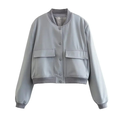 Basic Stand Collar Women Jacket Long Sleeve Cardigan Button Up Cropped Coat Baseball Outerwear Autumn Winter Clothes