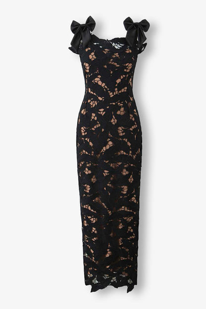 Veronica Bow Strap Embroidered Lace Maxi Dress